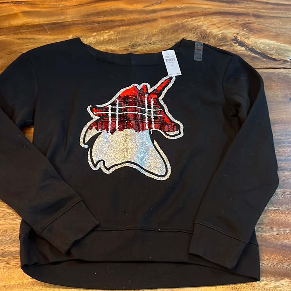NEW JUSTICE STORE BLACK SWEATSHIRT GLITTER & REVERSIBLE SEQUIN UNICORN  14/16